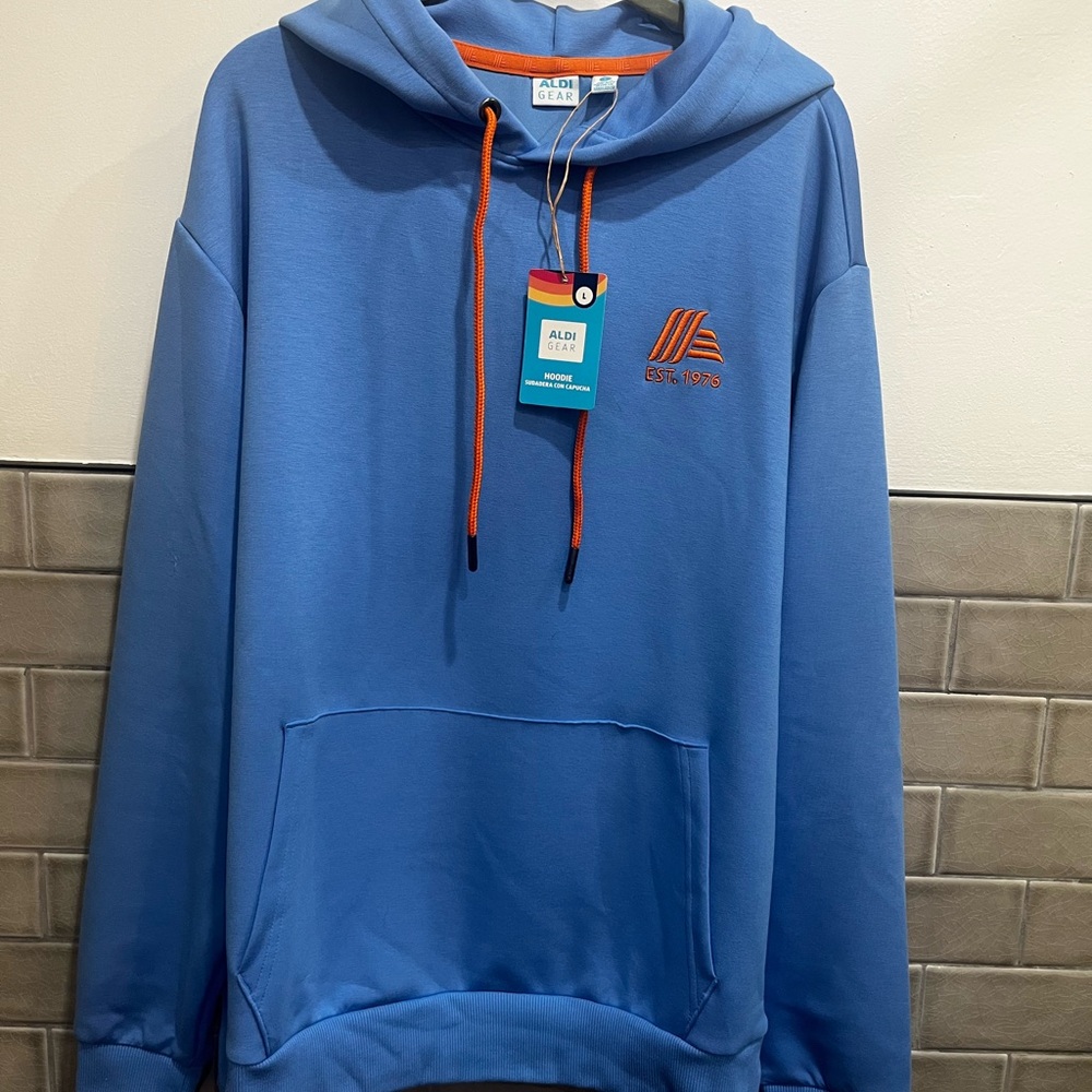 ALDI GEAR HOODIE PULLOVER SWEATSHIRT UNISEX BLUE 2026 SIZE LARGE